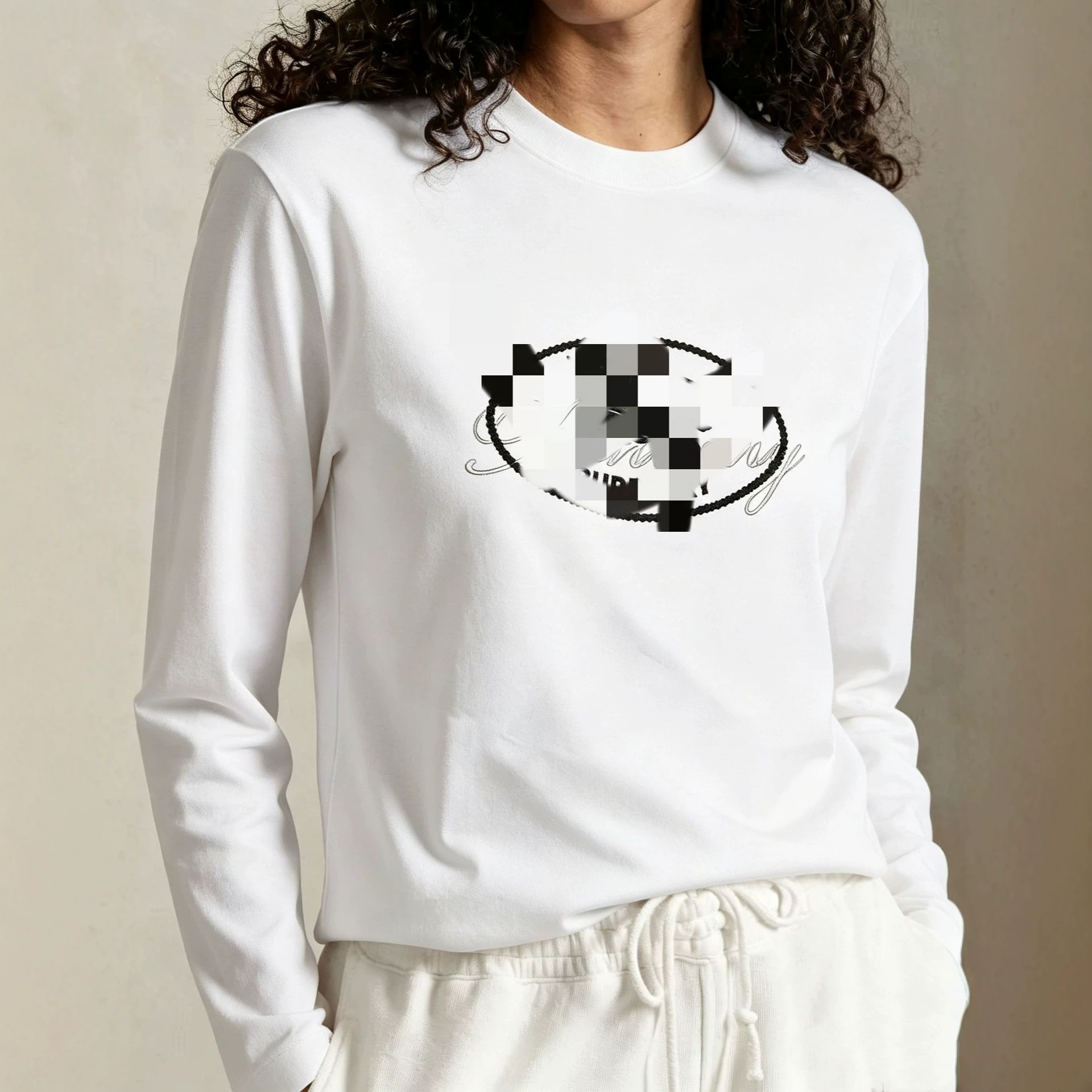 Women Cotton Long Sleeve Crew Neck T-Shirt with Oval Letter Print, Loose Fit Fall Top