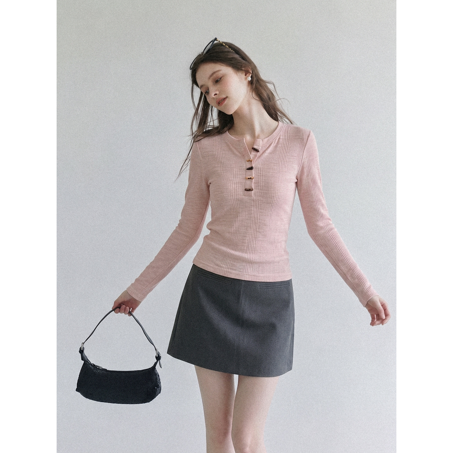 Women Pink Long Sleeve Half Open Collar Slim Fit Knit T-Shirt Casual Sweet Top