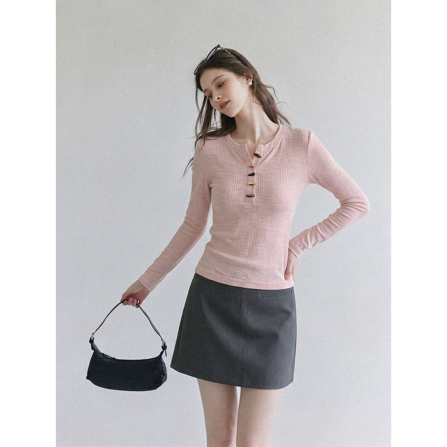 Women's Pink Long Sleeve Half Open Collar Slim Fit Knit T-Shirt Casual Sweet Top