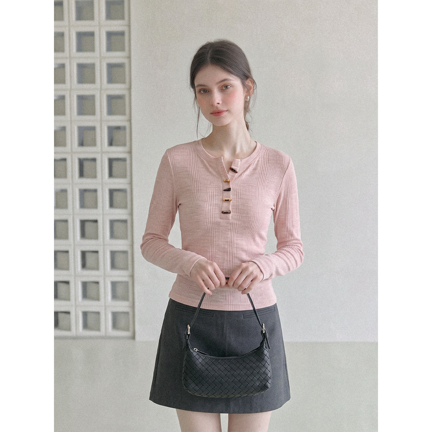 Women's Pink Long Sleeve Half Open Collar Slim Fit Knit T-Shirt Casual Sweet Top