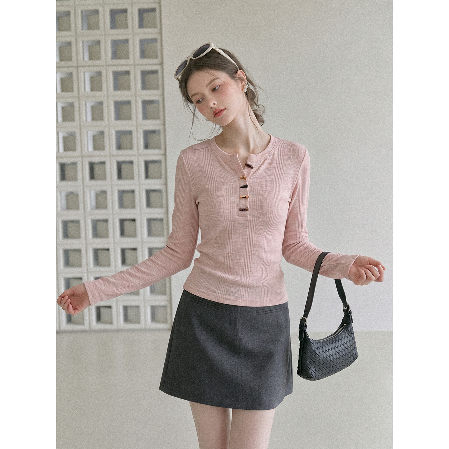 Women's Pink Long Sleeve Half Open Collar Slim Fit Knit T-Shirt Casual Sweet Top