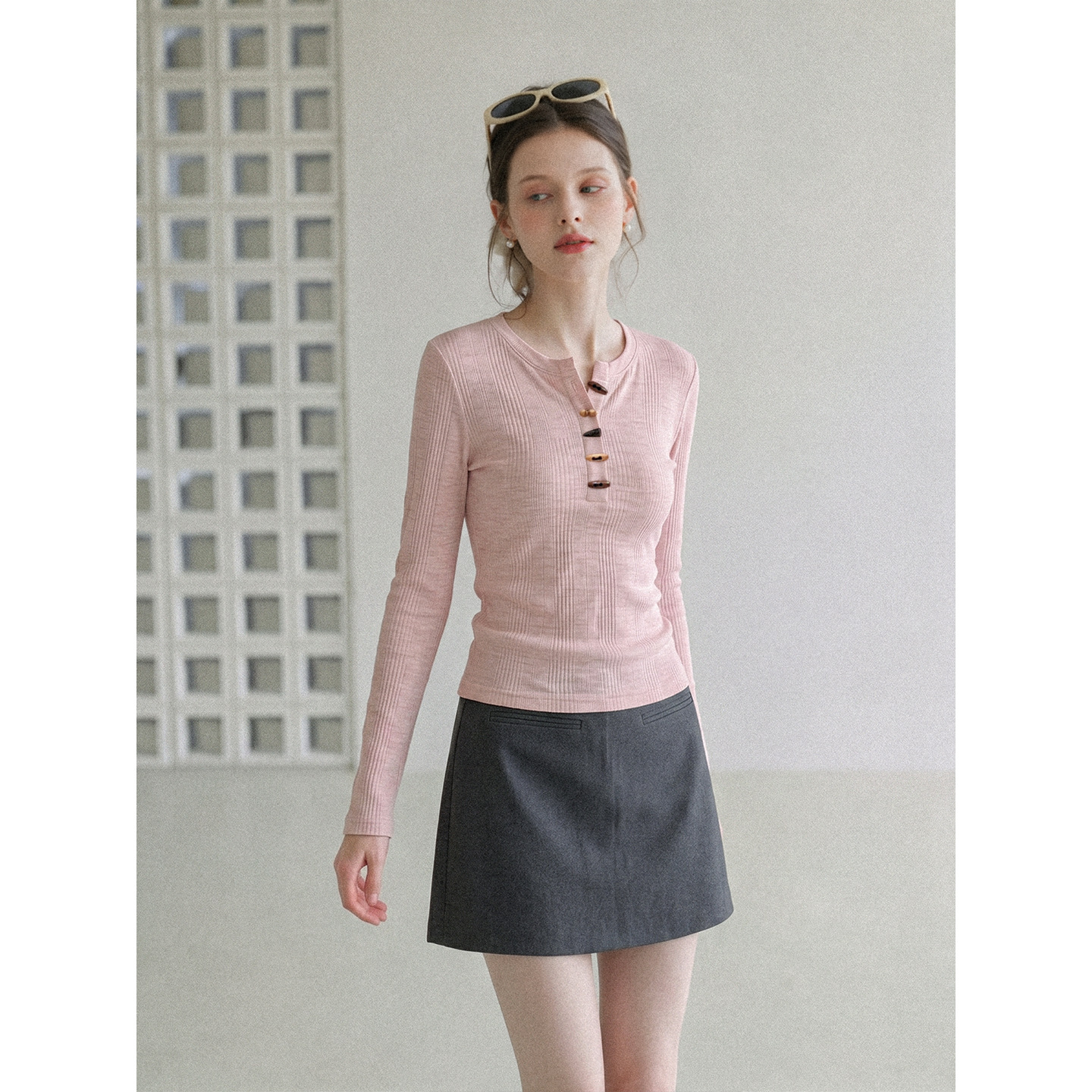 Women's Pink Long Sleeve Half Open Collar Slim Fit Knit T-Shirt Casual Sweet Top