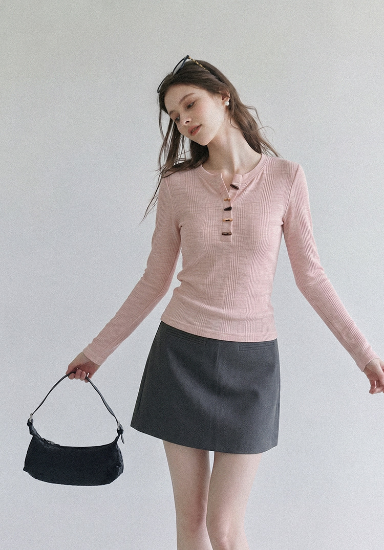 Women's Pink Long Sleeve Half Open Collar Slim Fit Knit T-Shirt Casual Sweet Top