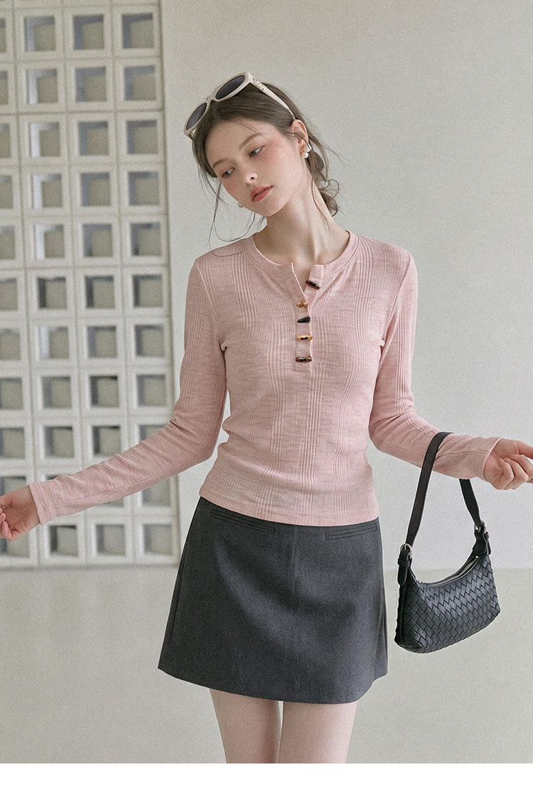 Women's Pink Long Sleeve Half Open Collar Slim Fit Knit T-Shirt Casual Sweet Top