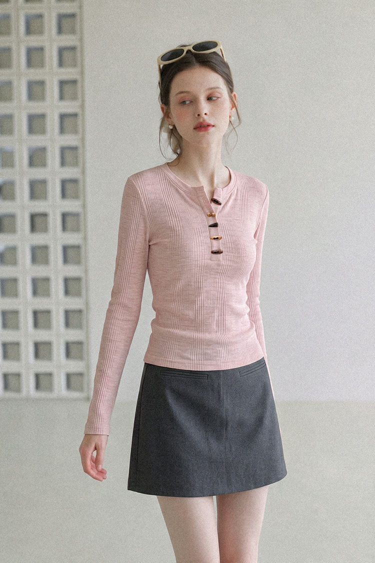 Women's Pink Long Sleeve Half Open Collar Slim Fit Knit T-Shirt Casual Sweet Top