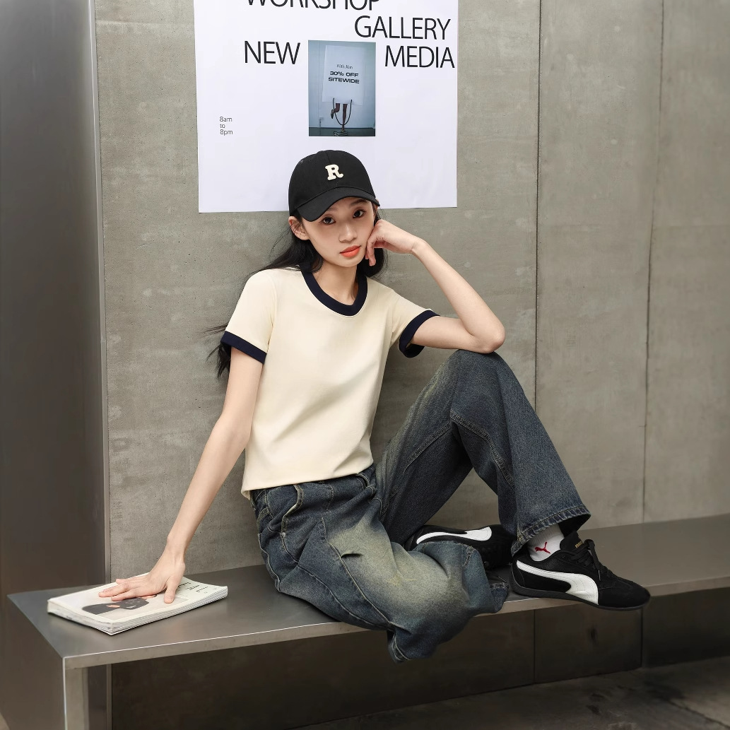 Women's Color Block Raglan Short Sleeve T-Shirt, Combed Cotton Loose Fit Crew Neck Tee