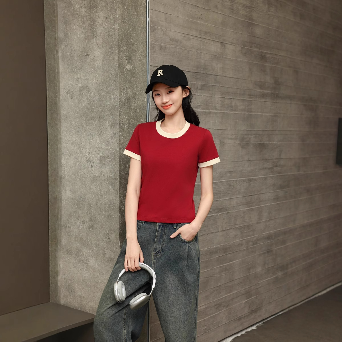 Women's Color Block Raglan Short Sleeve T-Shirt, Combed Cotton Loose Fit Crew Neck Tee