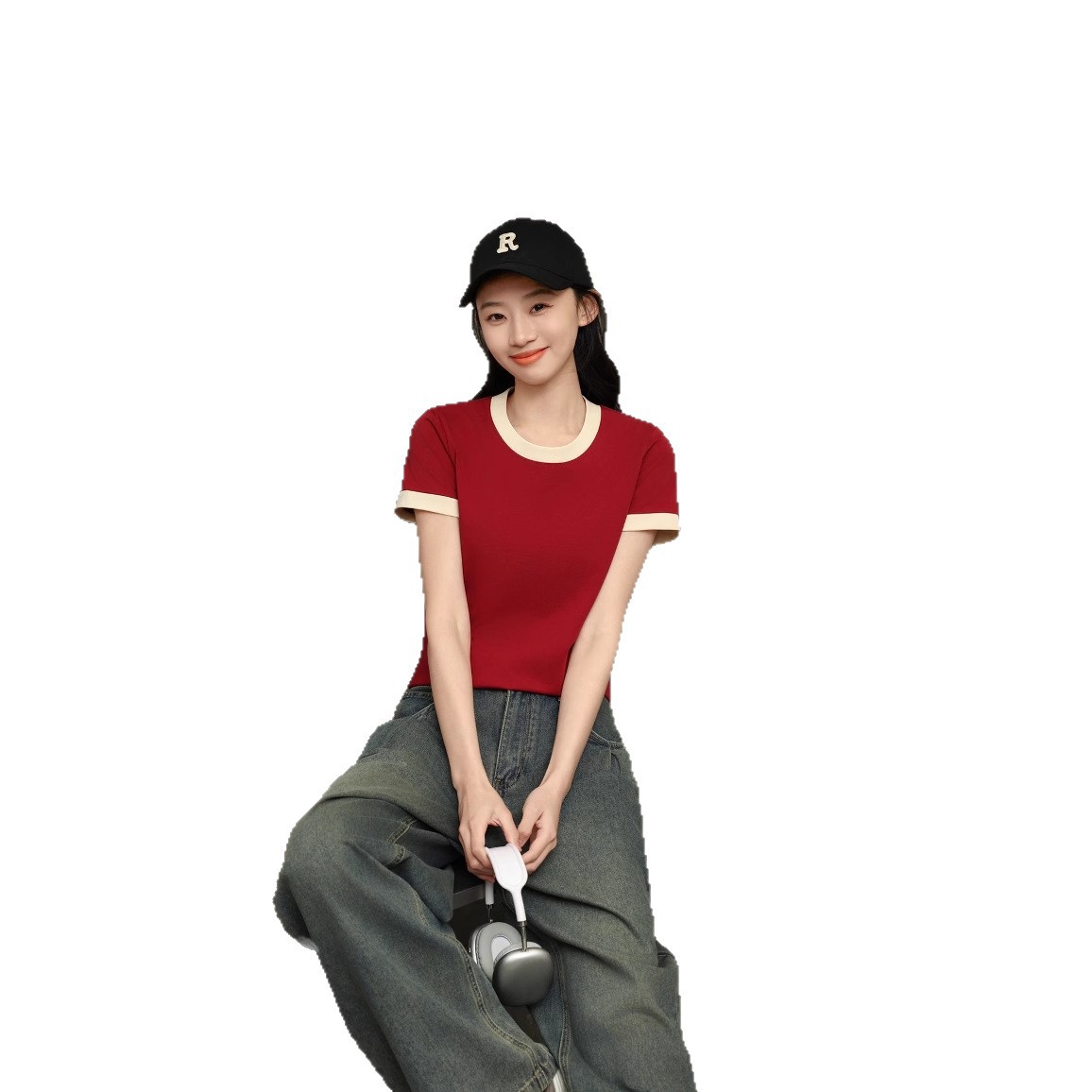 Women's Color Block Raglan Short Sleeve T-Shirt, Combed Cotton Loose Fit Crew Neck Tee