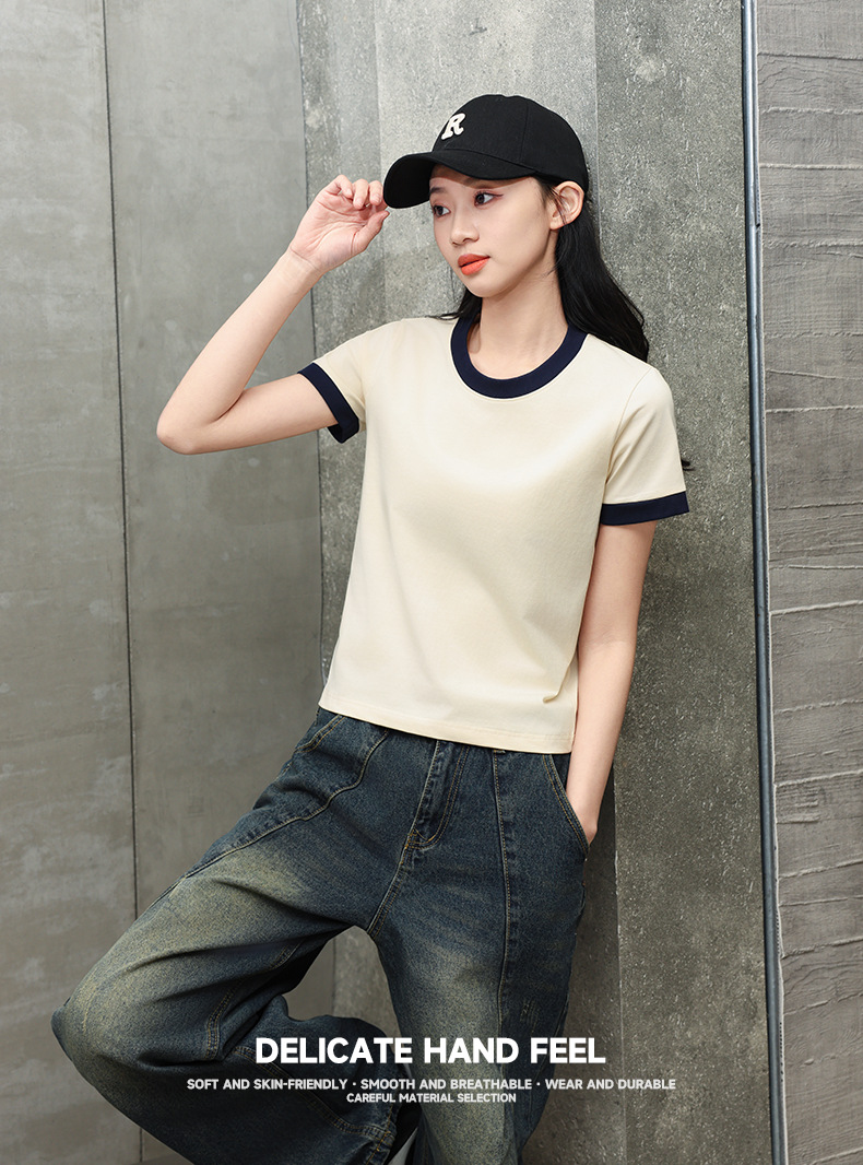 Women's Color Block Raglan Short Sleeve T-Shirt, Combed Cotton Loose Fit Crew Neck Tee