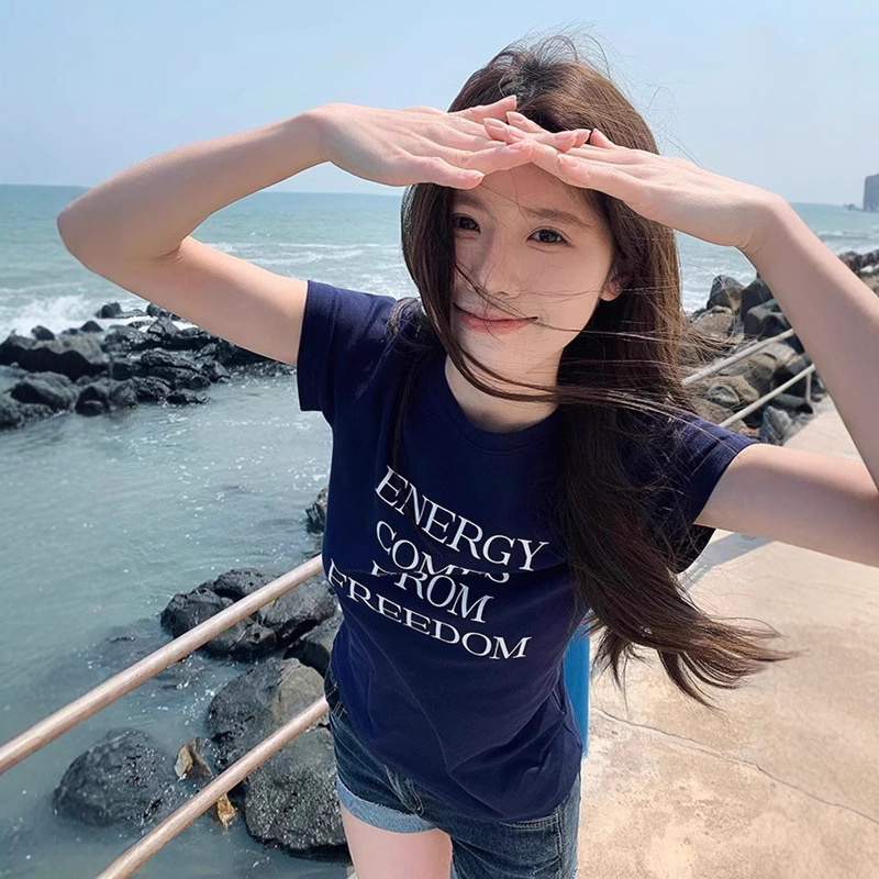 Women Cotton Letter Print Short Sleeve T-Shirt Slim Fit Crew Neck Casual Top