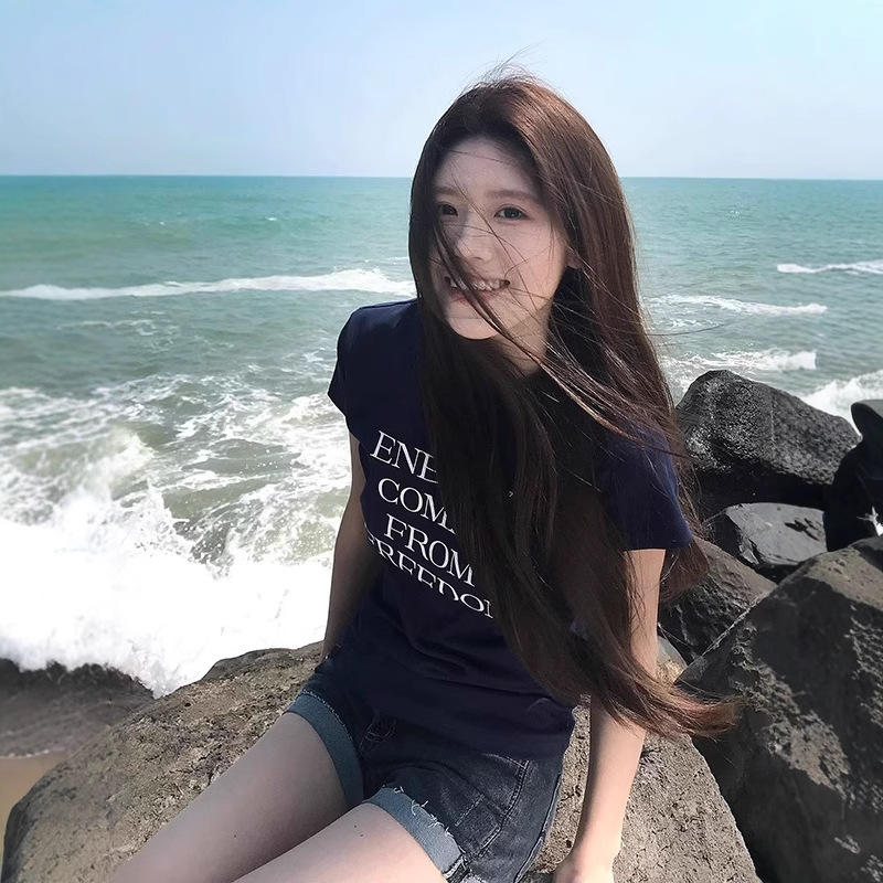 Women Cotton Letter Print Short Sleeve T-Shirt Slim Fit Crew Neck Casual Top