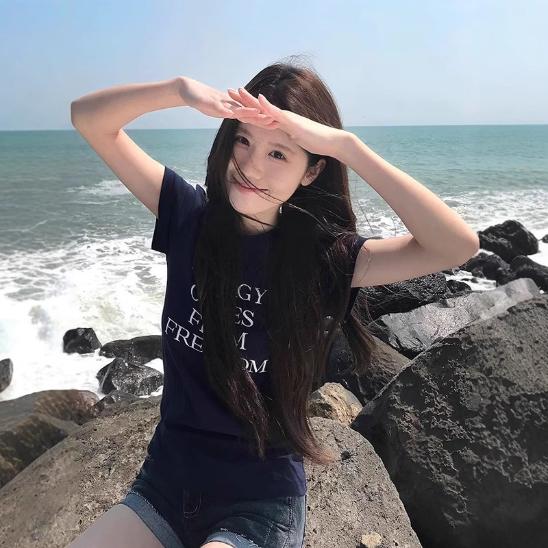 Women Cotton Letter Print Short Sleeve T-Shirt Slim Fit Crew Neck Casual Top