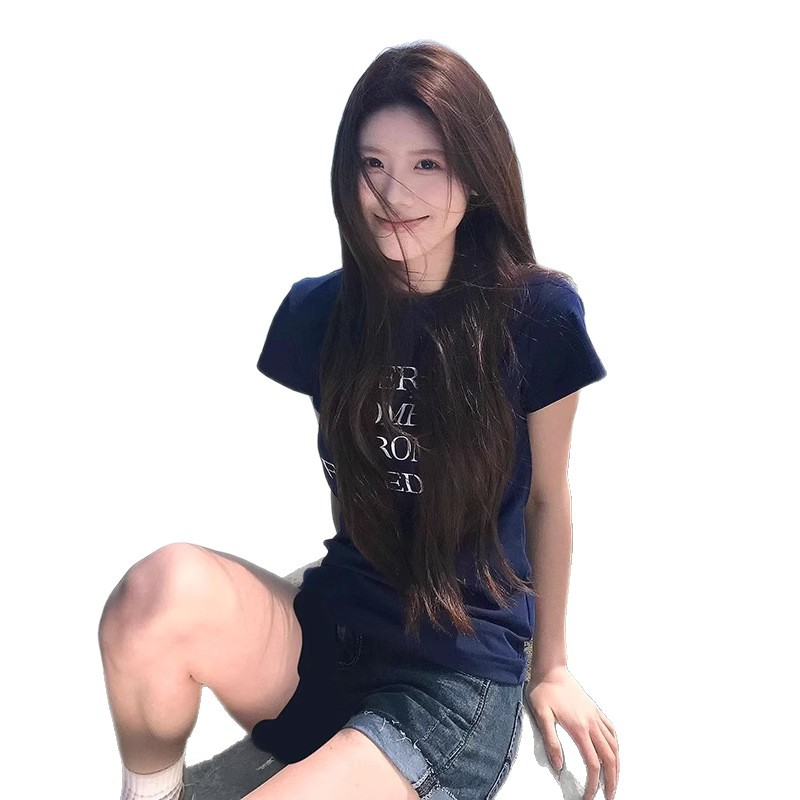 Women Cotton Letter Print Short Sleeve T-Shirt Slim Fit Crew Neck Casual Top