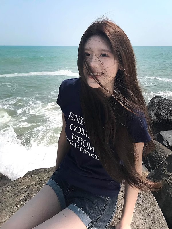 Women Cotton Letter Print Short Sleeve T-Shirt Slim Fit Crew Neck Casual Top