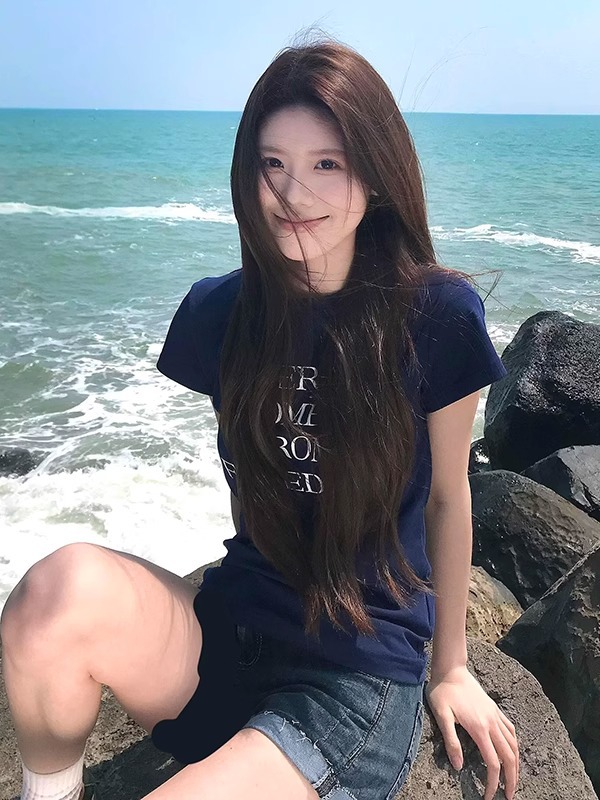 Women Cotton Letter Print Short Sleeve T-Shirt Slim Fit Crew Neck Casual Top