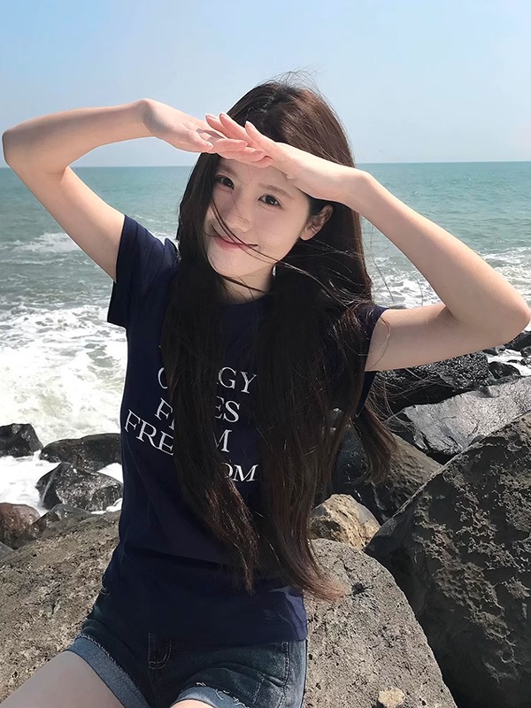 Women Cotton Letter Print Short Sleeve T-Shirt Slim Fit Crew Neck Casual Top