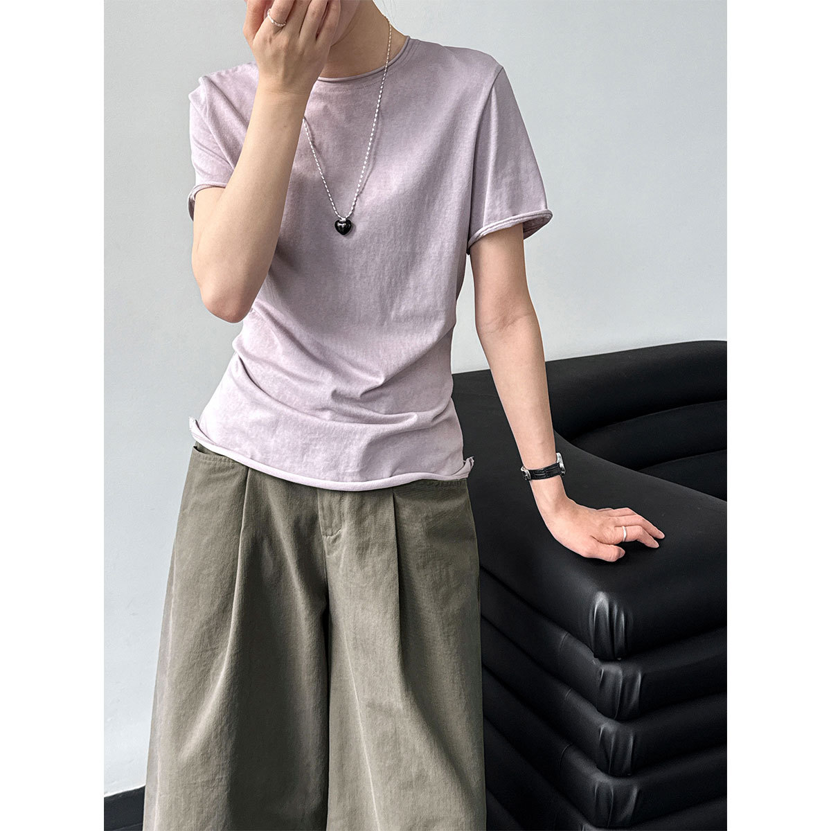 Women Slim Fit Rolled Sleeve Short Sleeve T-Shirt Solid Color Cotton Blend Crew Neck Summer Top