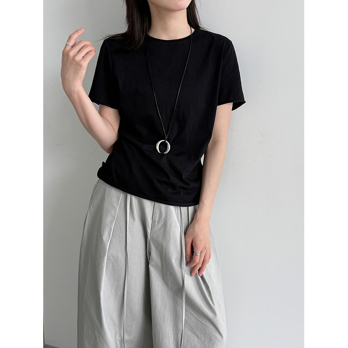 Women Slim Fit Rolled Sleeve Short Sleeve T-Shirt Solid Color Cotton Blend Crew Neck Summer Top