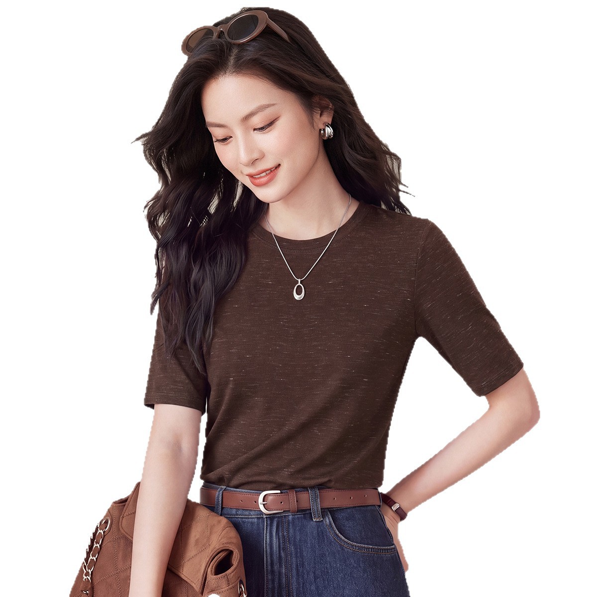 Women's Lyocell Wool Blend Half Sleeve T-Shirt, Slim Fit Crew Neck Solid Color Top for Commute and Daily Wear