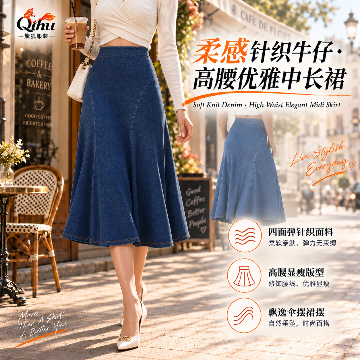 Women Soft Stretch Denim A-Line Midi Skirt, High Waist Casual Skirt for Travel and Daily Wear