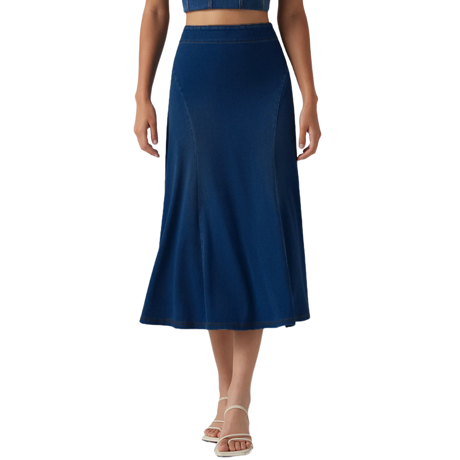 Women Soft Stretch Denim A-Line Midi Skirt, High Waist Casual Skirt for Travel and Daily Wear