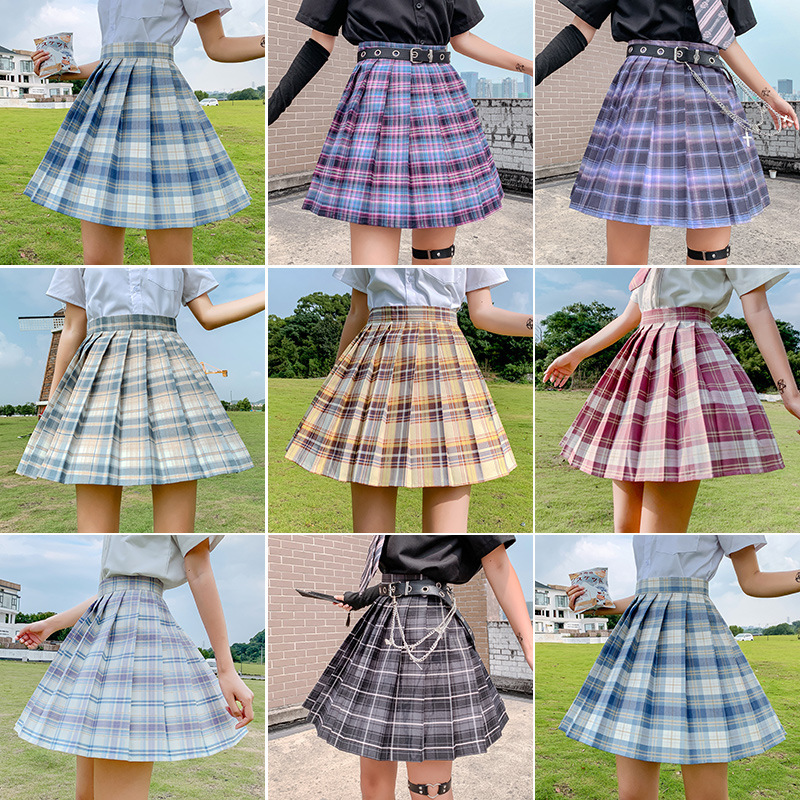JK Plaid Pleated Skirt for Women, High Waist Japanese School Uniform Style Midi Skirt