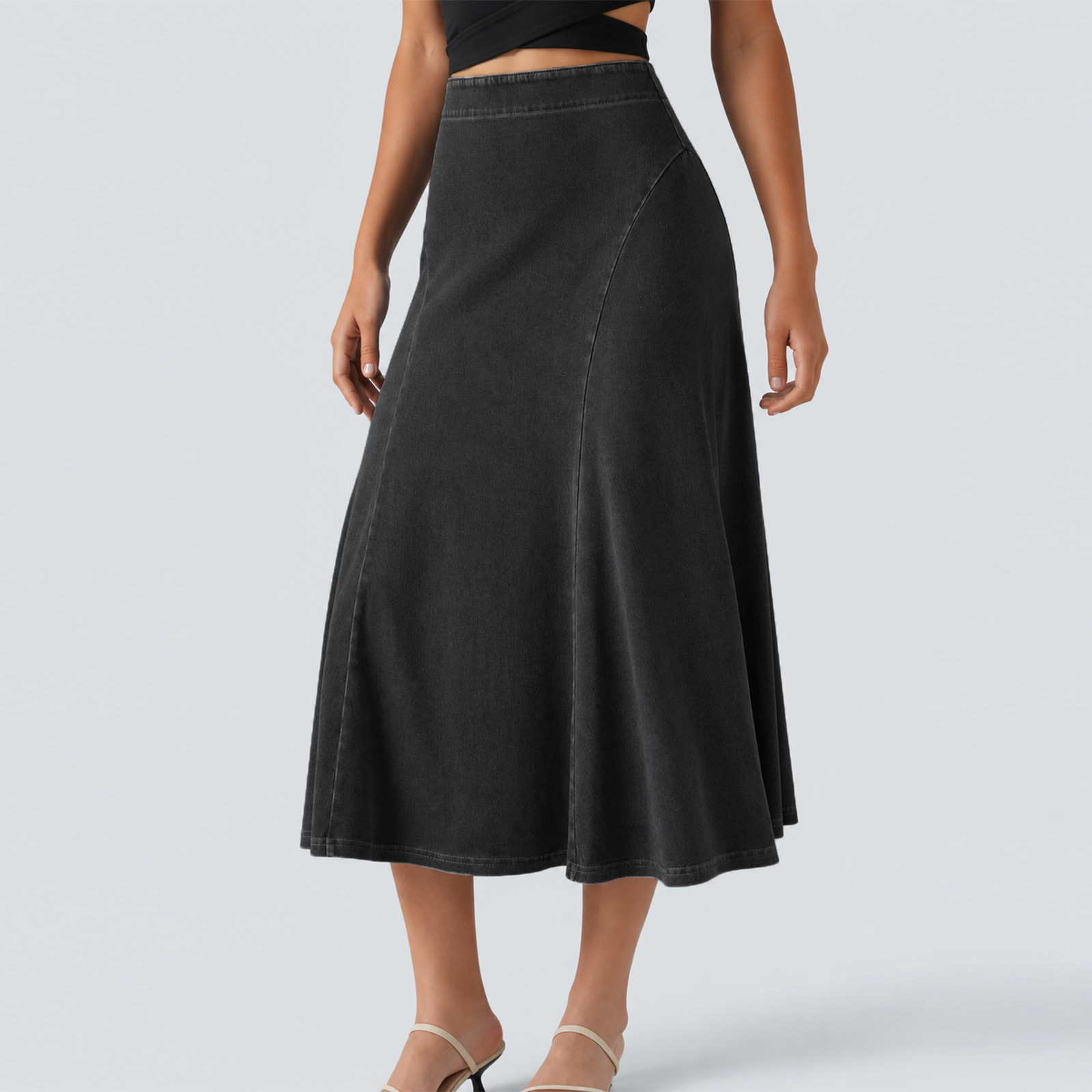 Women Soft Stretch Denim A-Line Midi Skirt, High Waist Casual Skirt for Travel and Daily Wear