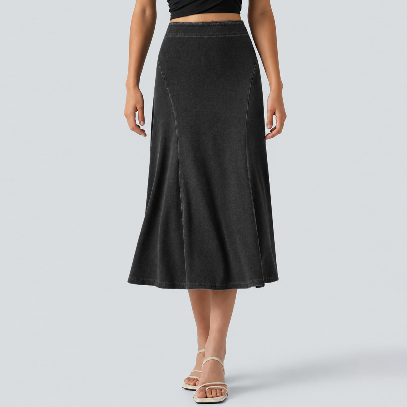 Women Soft Stretch Denim A-Line Midi Skirt, High Waist Casual Skirt for Travel and Daily Wear