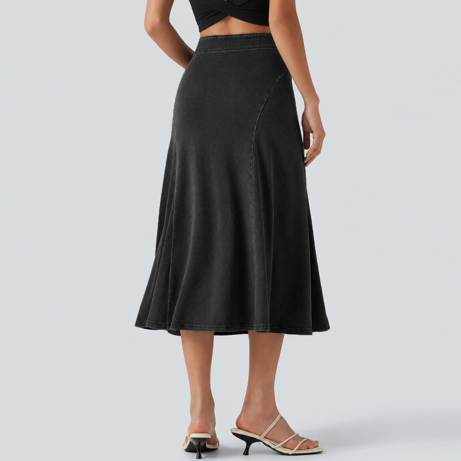 Women Soft Stretch Denim A-Line Midi Skirt, High Waist Casual Skirt for Travel and Daily Wear