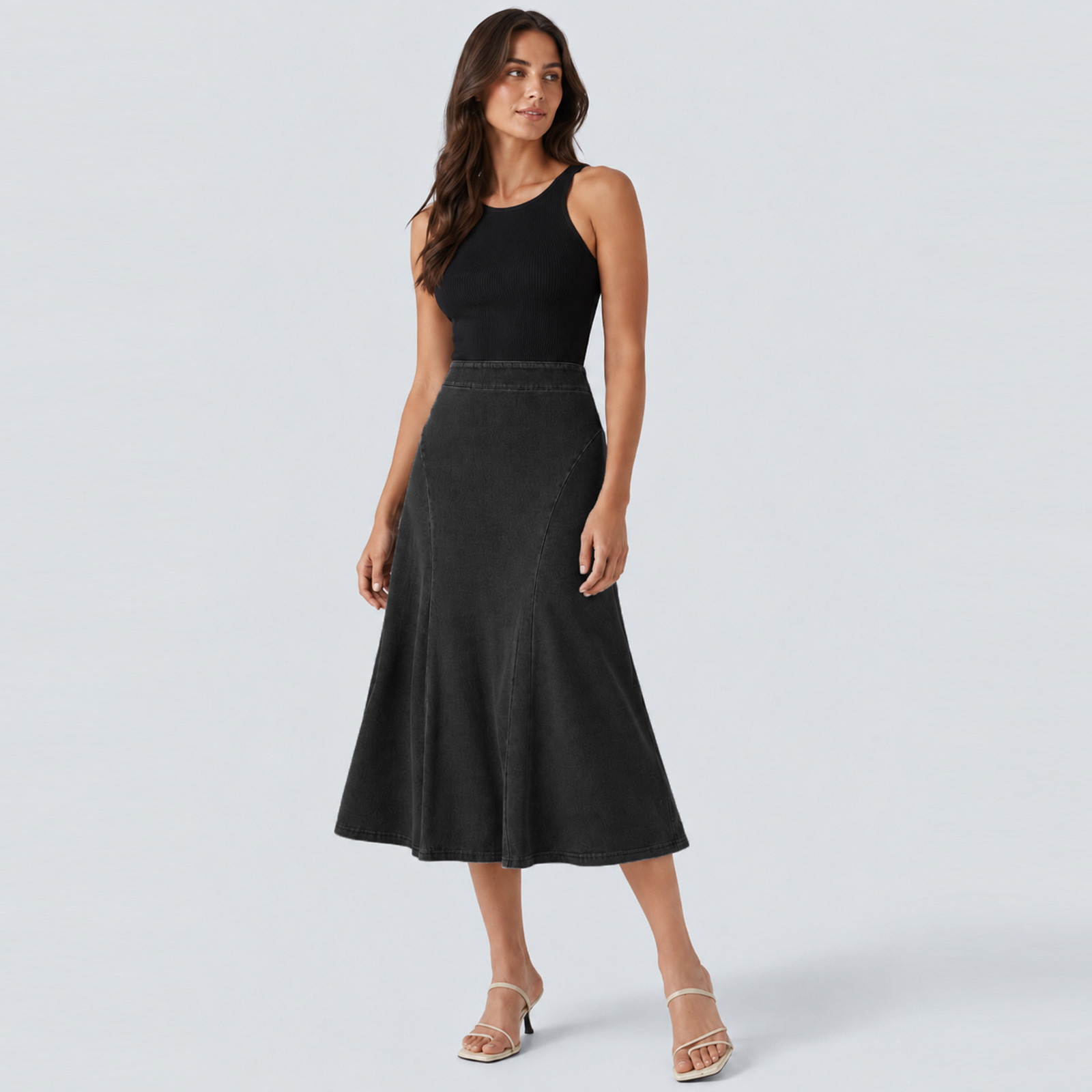 Women Soft Stretch Denim A-Line Midi Skirt, High Waist Casual Skirt for Travel and Daily Wear