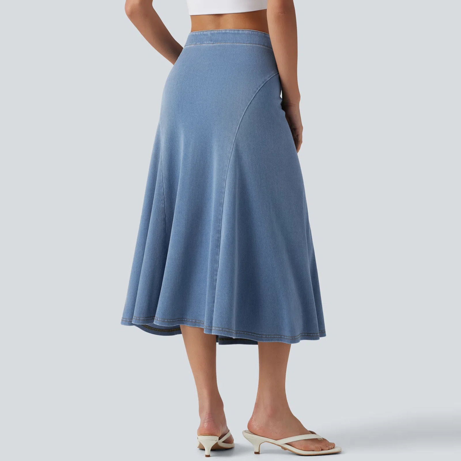 Women Soft Stretch Denim A-Line Midi Skirt, High Waist Casual Skirt for Travel and Daily Wear