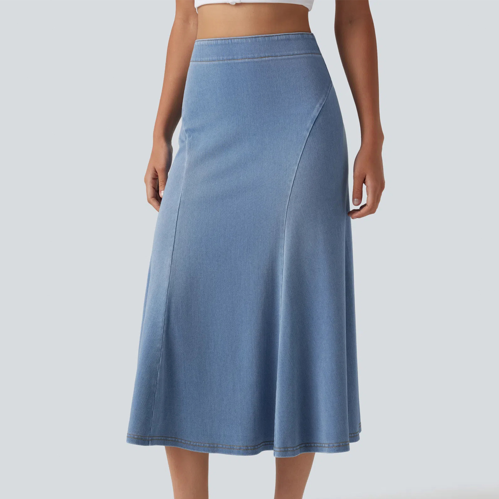 Women Soft Stretch Denim A-Line Midi Skirt, High Waist Casual Skirt for Travel and Daily Wear