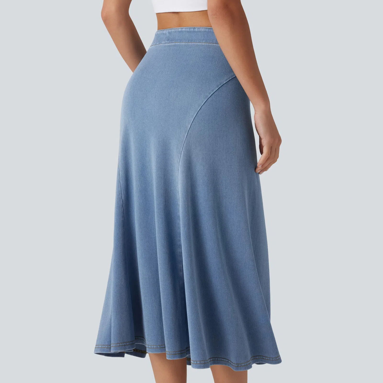 Women Soft Stretch Denim A-Line Midi Skirt, High Waist Casual Skirt for Travel and Daily Wear