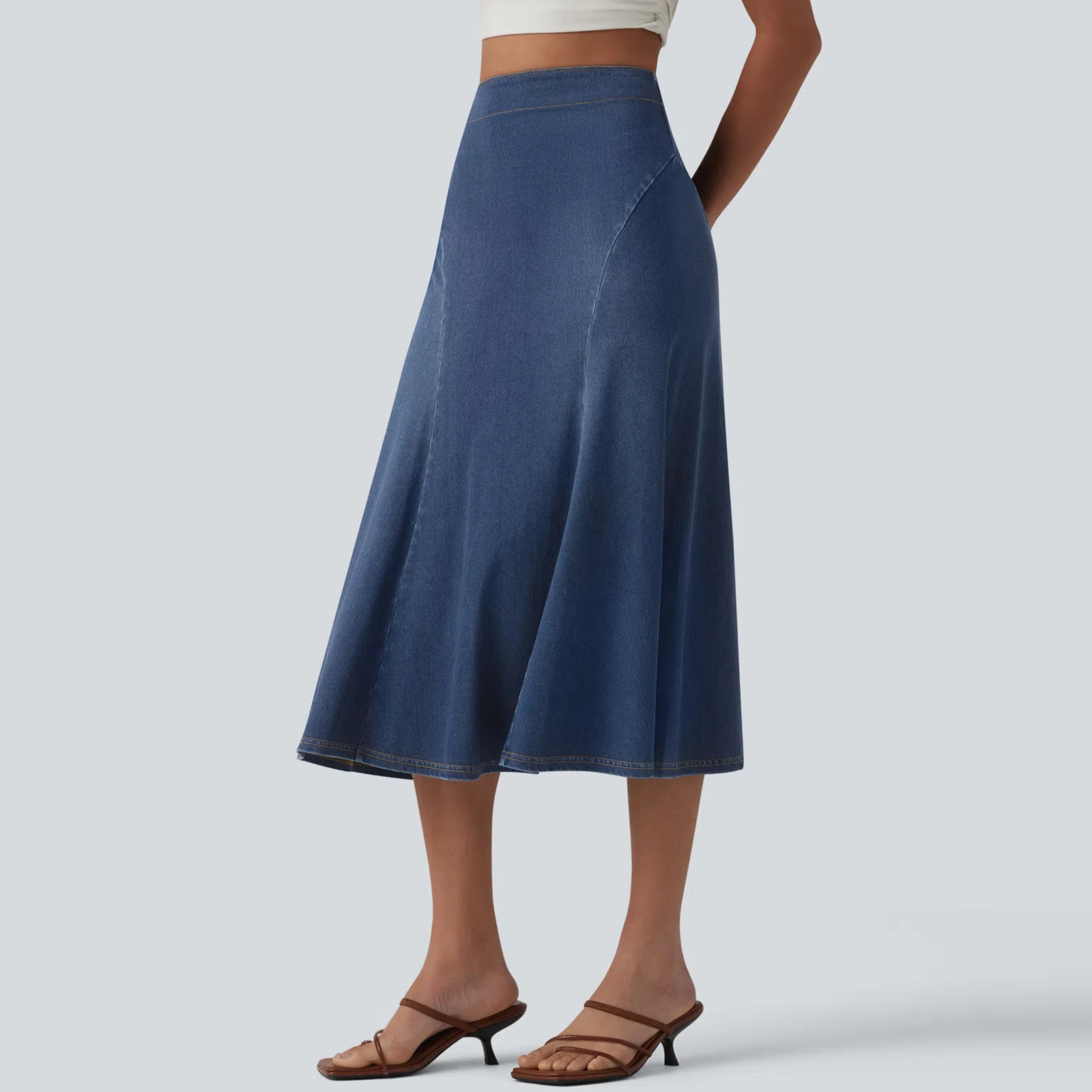 Women Soft Stretch Denim A-Line Midi Skirt, High Waist Casual Skirt for Travel and Daily Wear