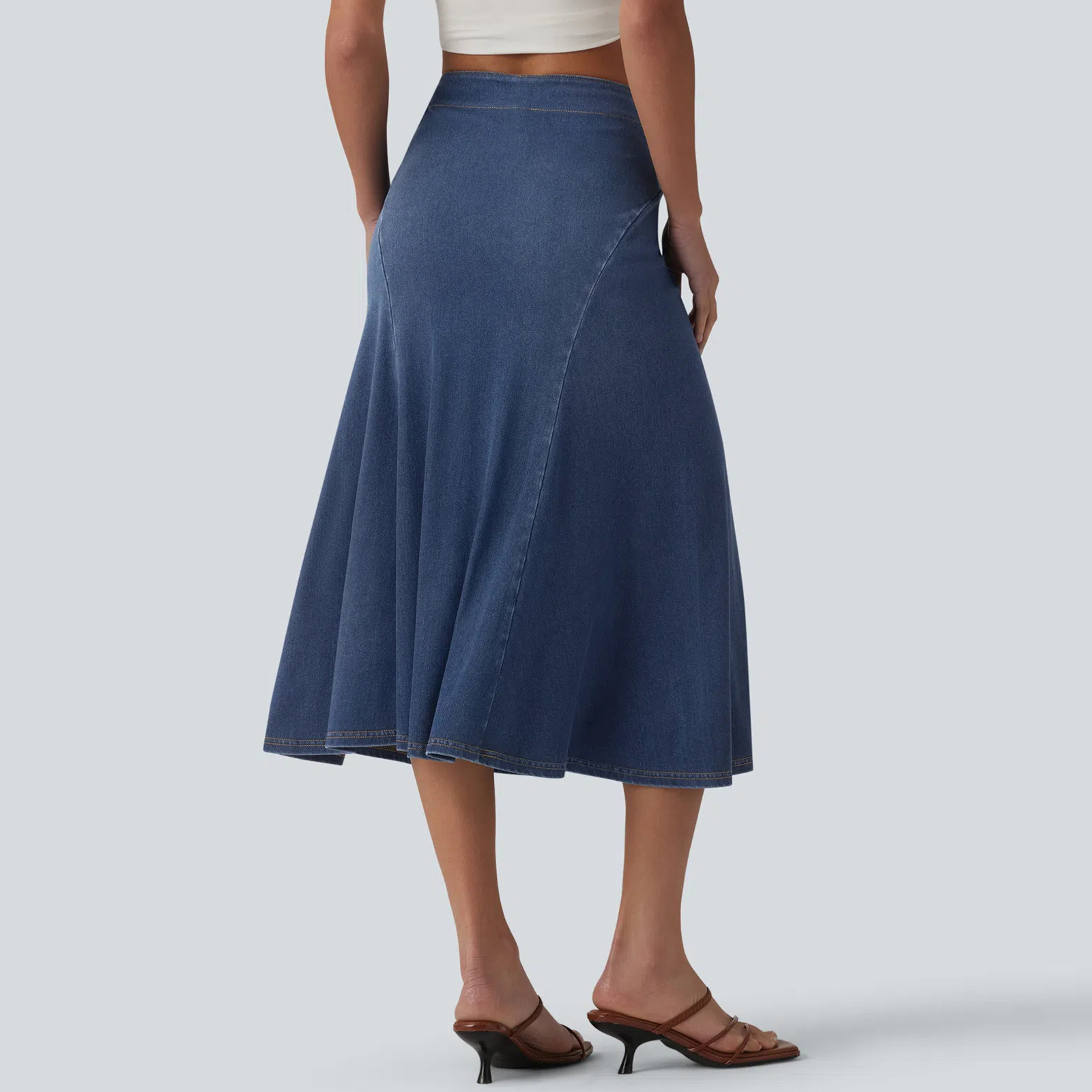 Women Soft Stretch Denim A-Line Midi Skirt, High Waist Casual Skirt for Travel and Daily Wear