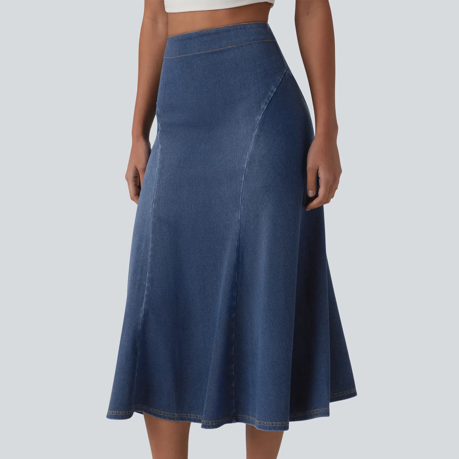 Women Soft Stretch Denim A-Line Midi Skirt, High Waist Casual Skirt for Travel and Daily Wear