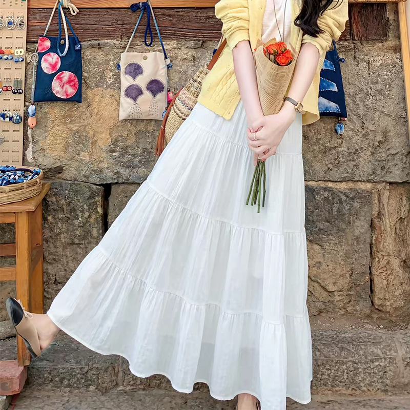 White Tiered Cake Skirt for Women, High Waist A-Line Long Skirt with Elastic Waist, Fresh Sweet Style for Casual and