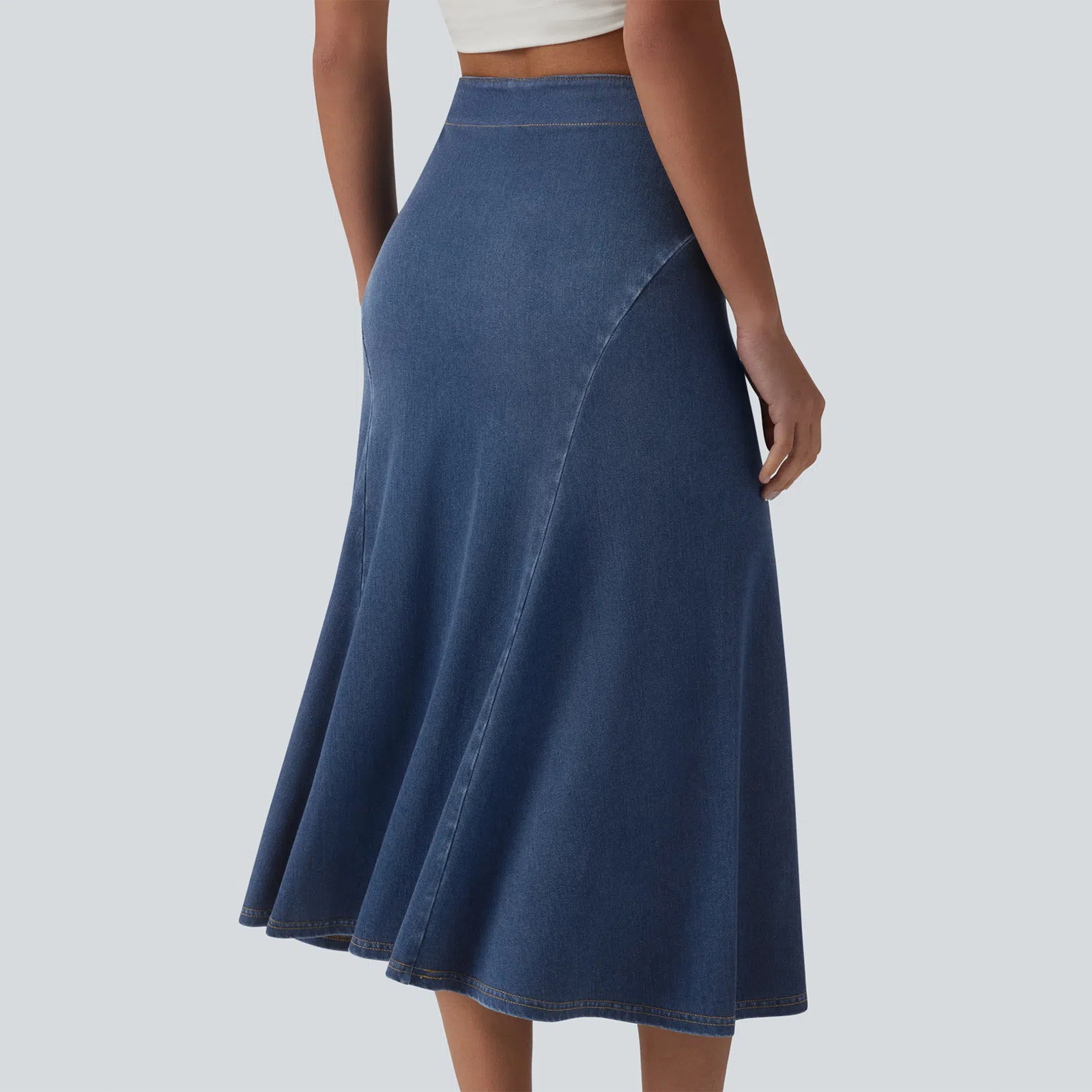 Women Soft Stretch Denim A-Line Midi Skirt, High Waist Casual Skirt for Travel and Daily Wear