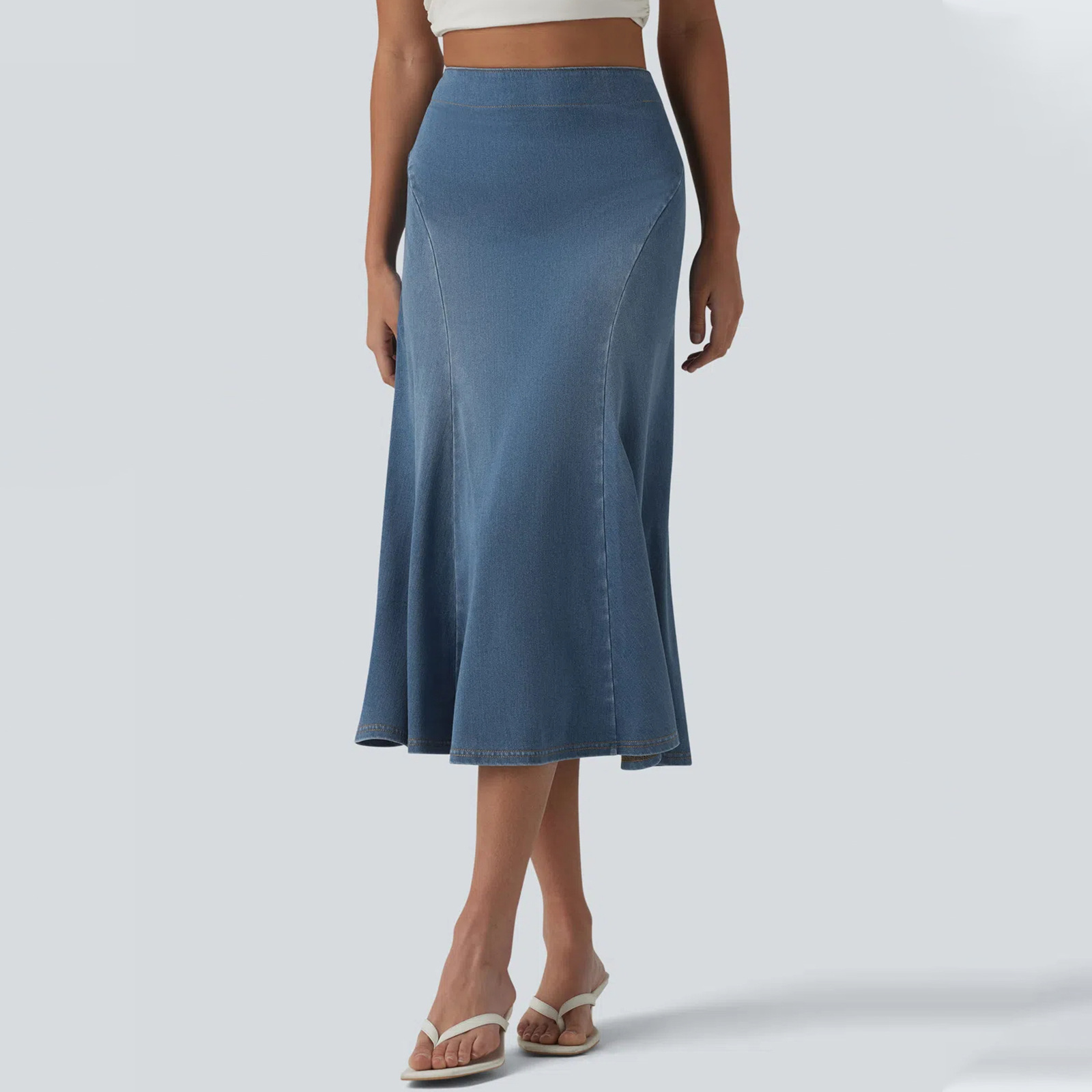 Women Soft Stretch Denim A-Line Midi Skirt, High Waist Casual Skirt for Travel and Daily Wear