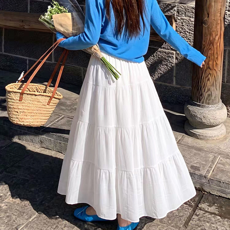 White Tiered Cake Skirt for Women, High Waist A-Line Long Skirt with Elastic Waist, Fresh Sweet Style for Casual and