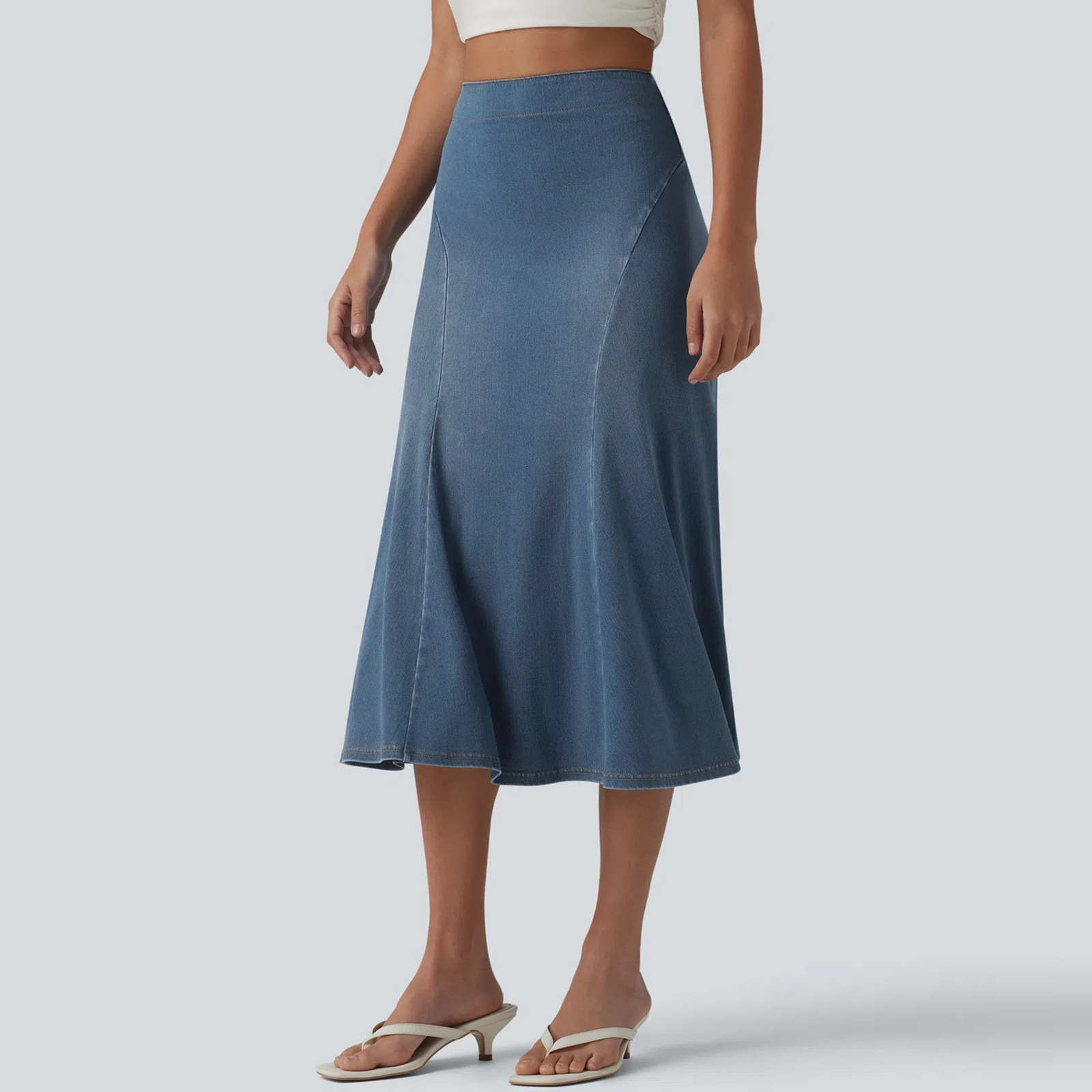 Women Soft Stretch Denim A-Line Midi Skirt, High Waist Casual Skirt for Travel and Daily Wear