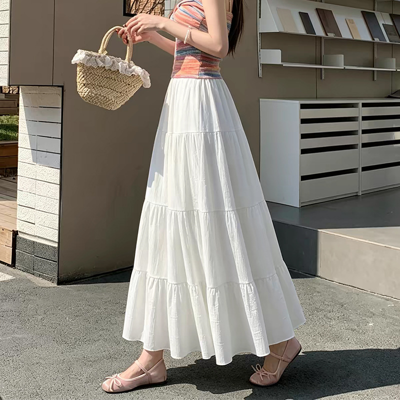 White Tiered Cake Skirt for Women, High Waist A-Line Long Skirt with Elastic Waist, Fresh Sweet Style for Casual and