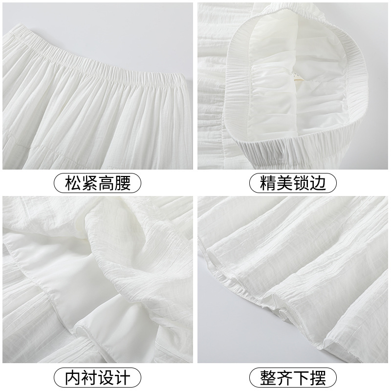 White Tiered Cake Skirt for Women, High Waist A-Line Long Skirt with Elastic Waist, Fresh Sweet Style for Casual and