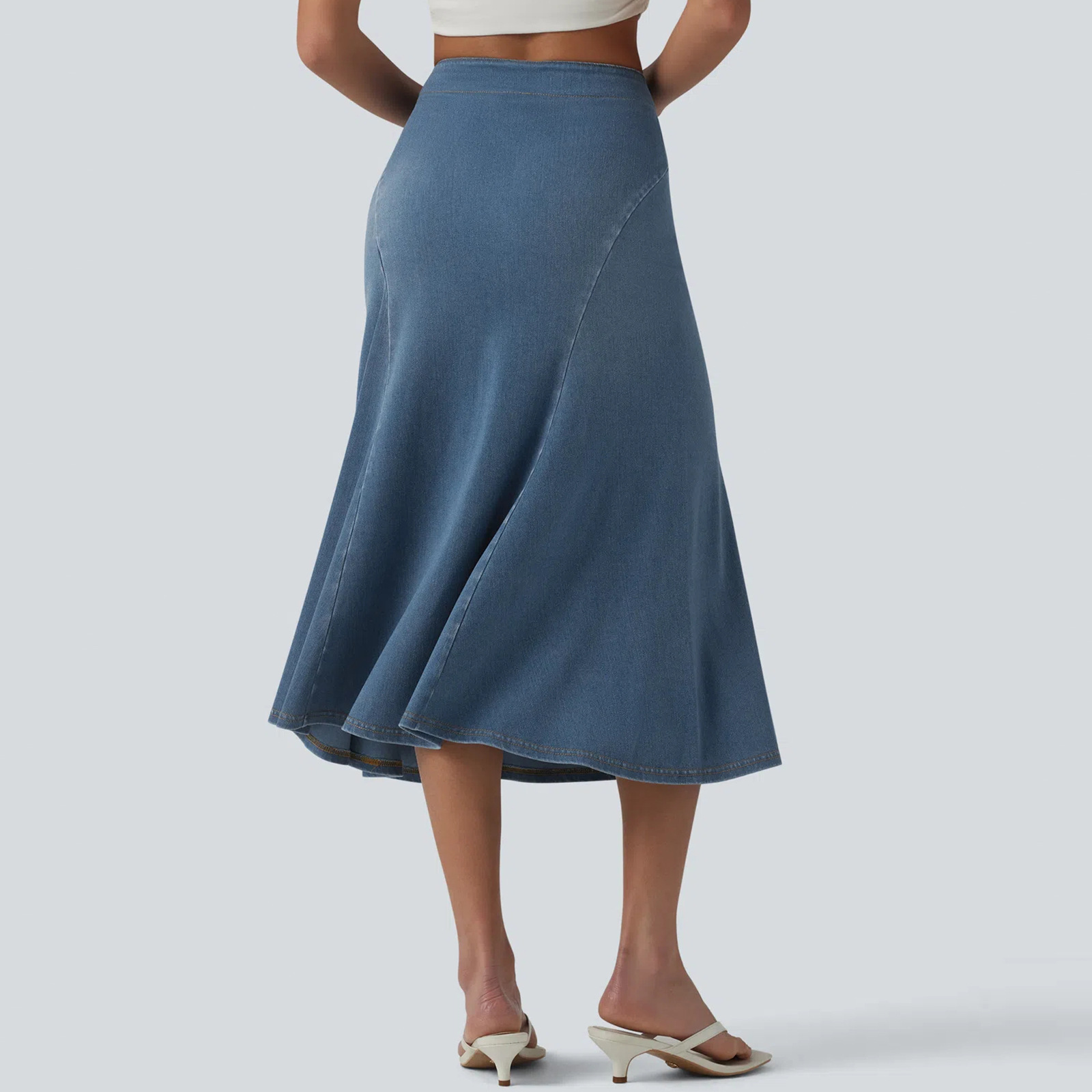 Women Soft Stretch Denim A-Line Midi Skirt, High Waist Casual Skirt for Travel and Daily Wear