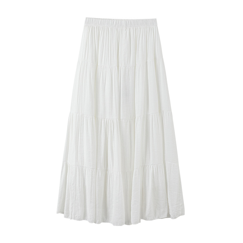 White Tiered Cake Skirt for Women, High Waist A-Line Long Skirt with Elastic Waist, Fresh Sweet Style for Casual and