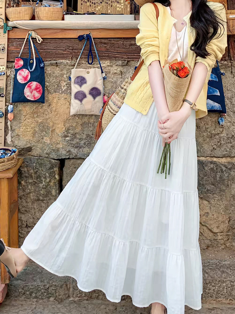 White Tiered Cake Skirt for Women, High Waist A-Line Long Skirt with Elastic Waist, Fresh Sweet Style for Casual and