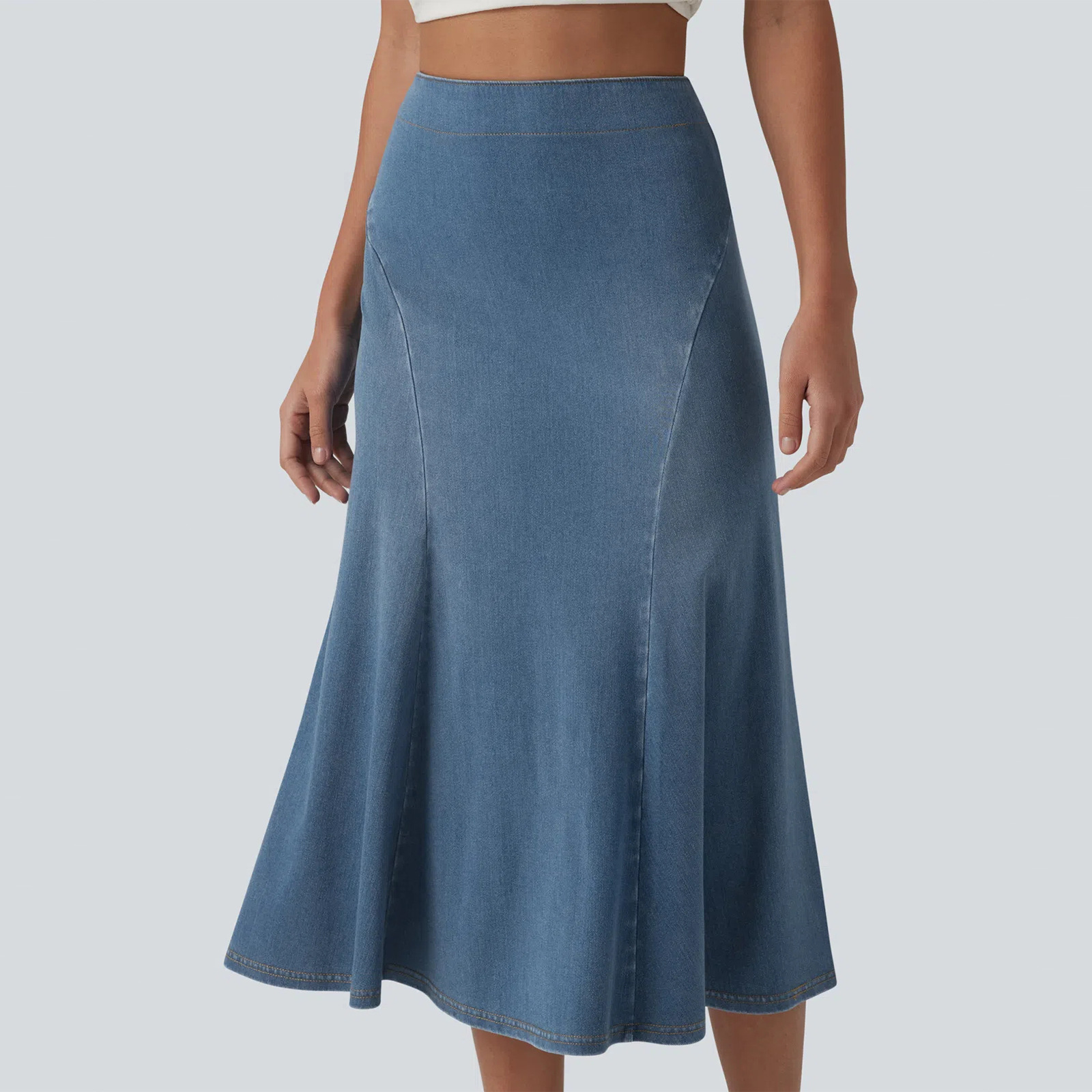 Women Soft Stretch Denim A-Line Midi Skirt, High Waist Casual Skirt for Travel and Daily Wear