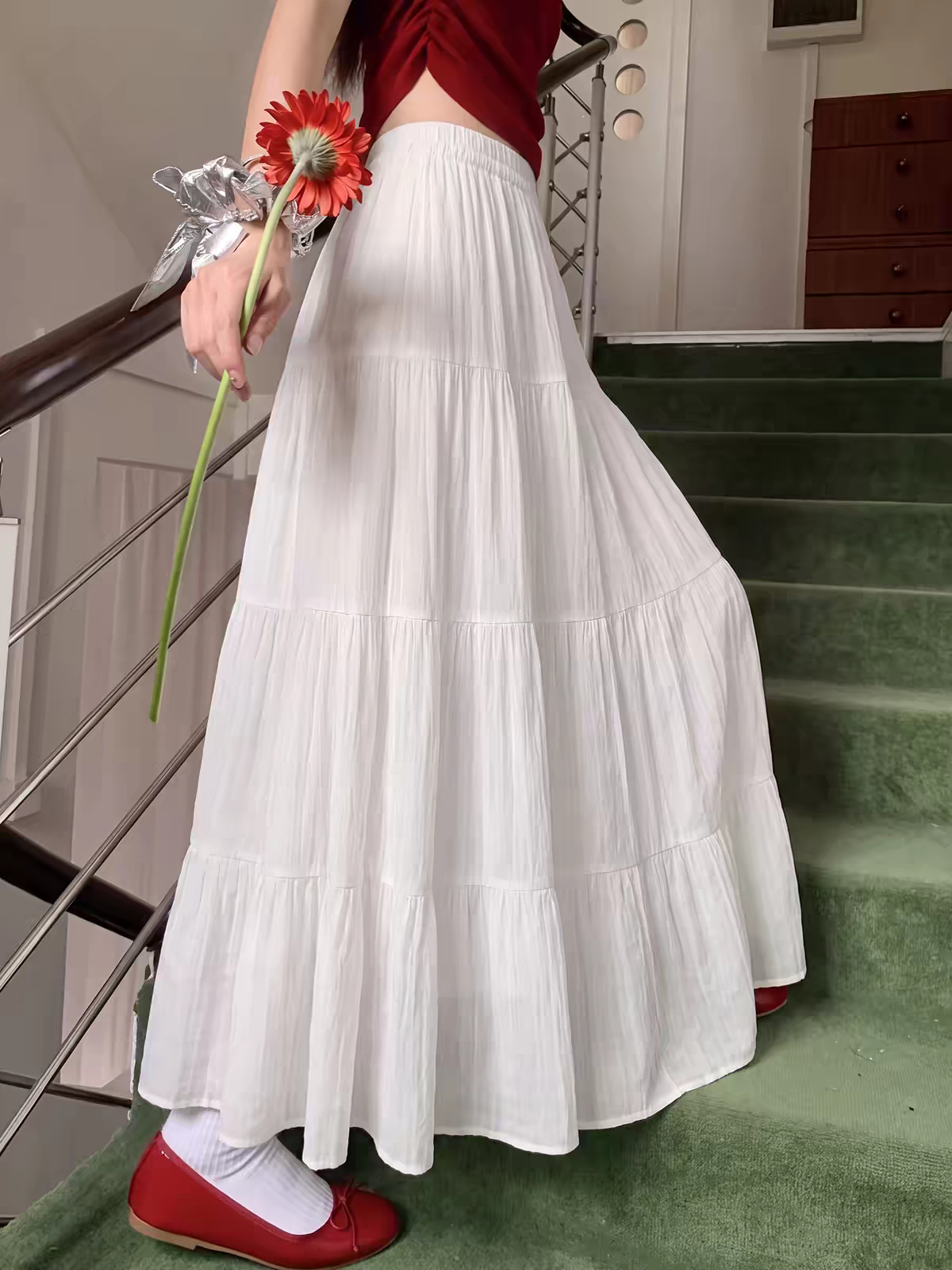 White Tiered Cake Skirt for Women, High Waist A-Line Long Skirt with Elastic Waist, Fresh Sweet Style for Casual and