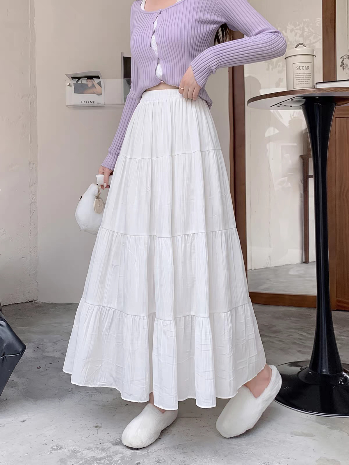 White Tiered Cake Skirt for Women, High Waist A-Line Long Skirt with Elastic Waist, Fresh Sweet Style for Casual and