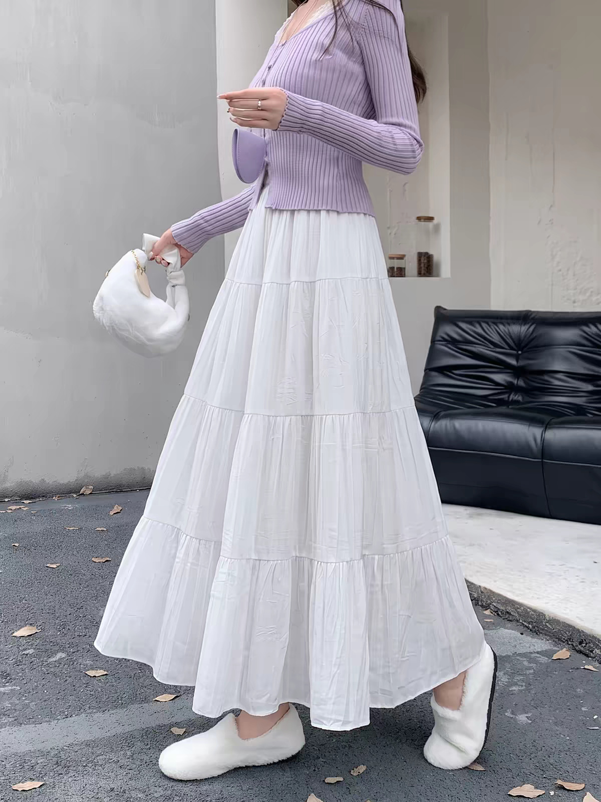 White Tiered Cake Skirt for Women, High Waist A-Line Long Skirt with Elastic Waist, Fresh Sweet Style for Casual and